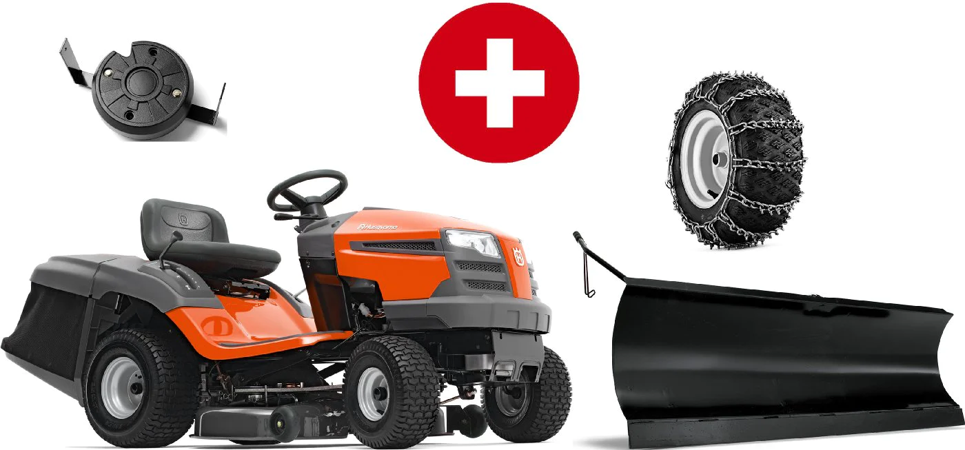 1-27-1 Husqvarna Rasentraktor TC 138L Winterpaket mit Schneeschild, Gummileiste, Gewicht und Schneeketten – Modell 2023 – Bild 1